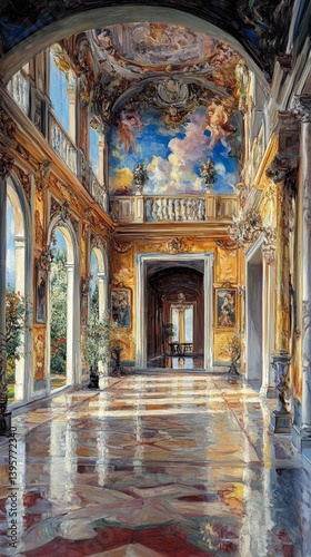 Obraz na płótnie Ornate interior with columns arches and ceiling mural in an old building. w salonie