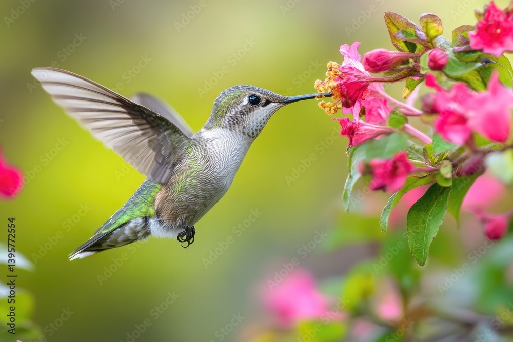 Naklejka premium A hummingbird feeding on nectar from pink flowers with green foliage in a natural setting outdoors