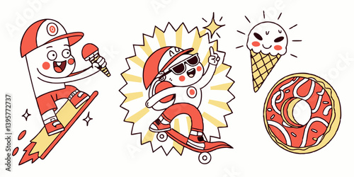 Cute Red White Cartoon Food Characters Skateboarding Snowboarding Rapping Ice Cream Donut Doodle Style Vector Illustration