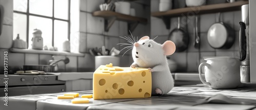 Cartoon mouse with cheese in a kitchen setting mostly in grayscale.