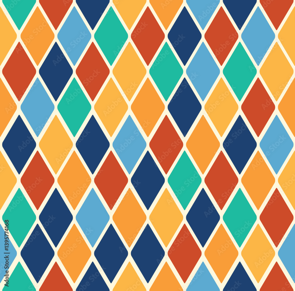 Circus harlequin patterns, rhombus lozenge pattern with diamond-shaped motifs in contrasting colors. Vector visually striking and repetitive tile design associated with traditional theatrical costumes