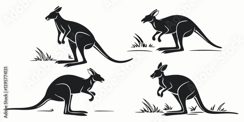 Simple Black Kangaroo Silhouettes Graphic Wildlife Animal Illustration