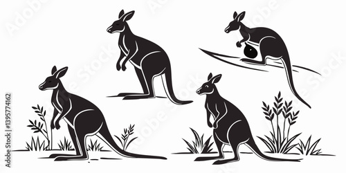 Black Kangaroo Silhouette Vector Art: Kangaroos Standing Sitting Jumping with Grass
