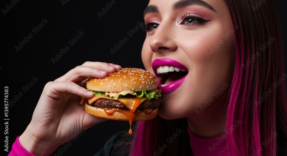 A vibrant woman preparing to indulge in a mouthwatering cheeseburger delight A vibrant woman preparing to indulge in a mouthwatering cheeseburger delight