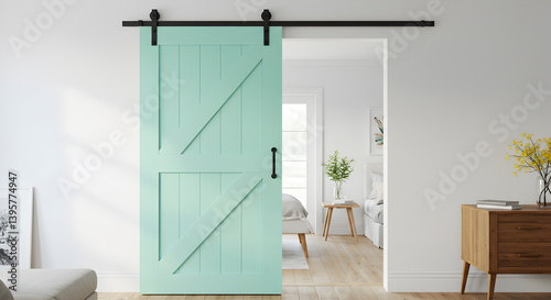 Interior Design Featuring a Cheerful Mint Painted Sliding Barn Door