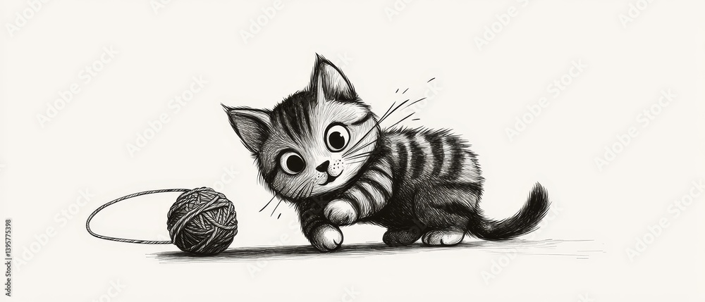 Cartoon kitten plays with yarn ball in a simple monochrome illustration.