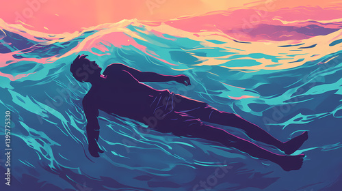 Water wave wiped out man down in depth, drowning woman , psychology, negative feeling and mind conscious concept, generative ai. Drowning Echoes. Illustration