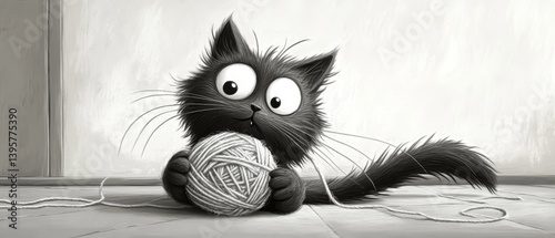 Obraz na płótnie Cartoon black cat playing with a ball of yarn indoors. w salonie