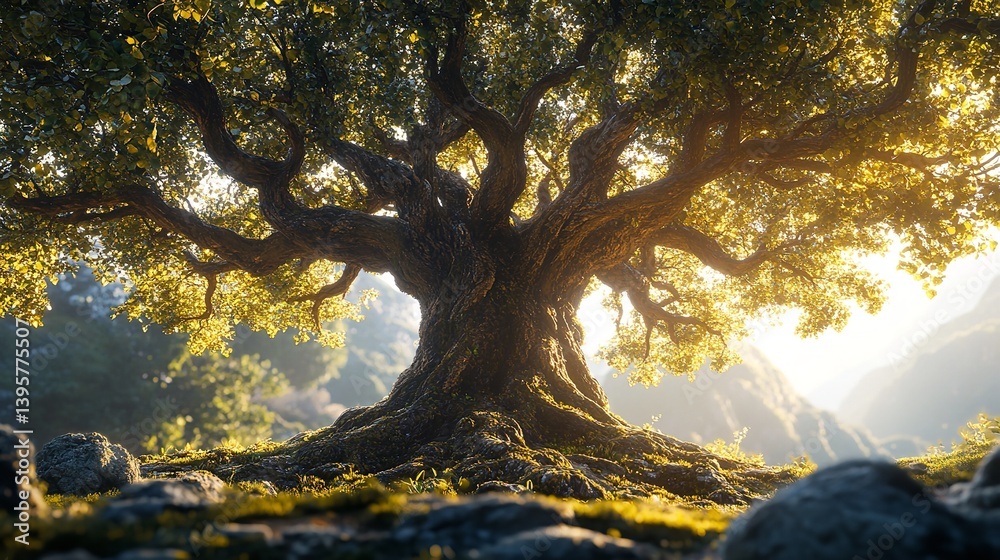 majestic tree with sprawling branches and radiant sun shining through its leaves creates serene and uplifting atmosphere. majestic tree with sprawling branches and radiant sun shining through its leaves creates serene and uplifting atmosphere.