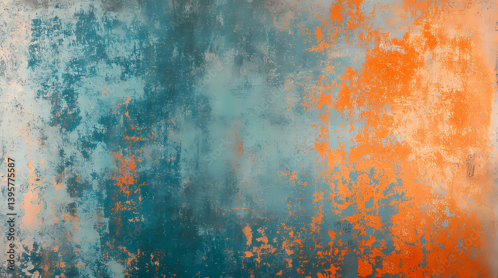 Fototapeta premium Vintage textured abstract background with warm orange and cool blue gradient, grunge distressed surface with scratches. Fading Universe. Illustration