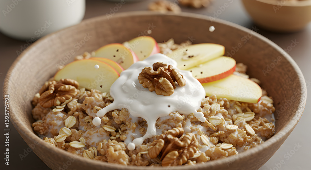 Delicious Morning Muesli Bowl with Apples Walnuts and Oat Milk Splash Delicious Morning Muesli Bowl with Apples Walnuts and Oat Milk Splash