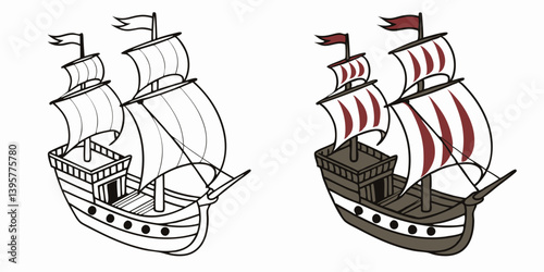 Cartoon Galleon Ship: Outline & Color with Maroon Sails