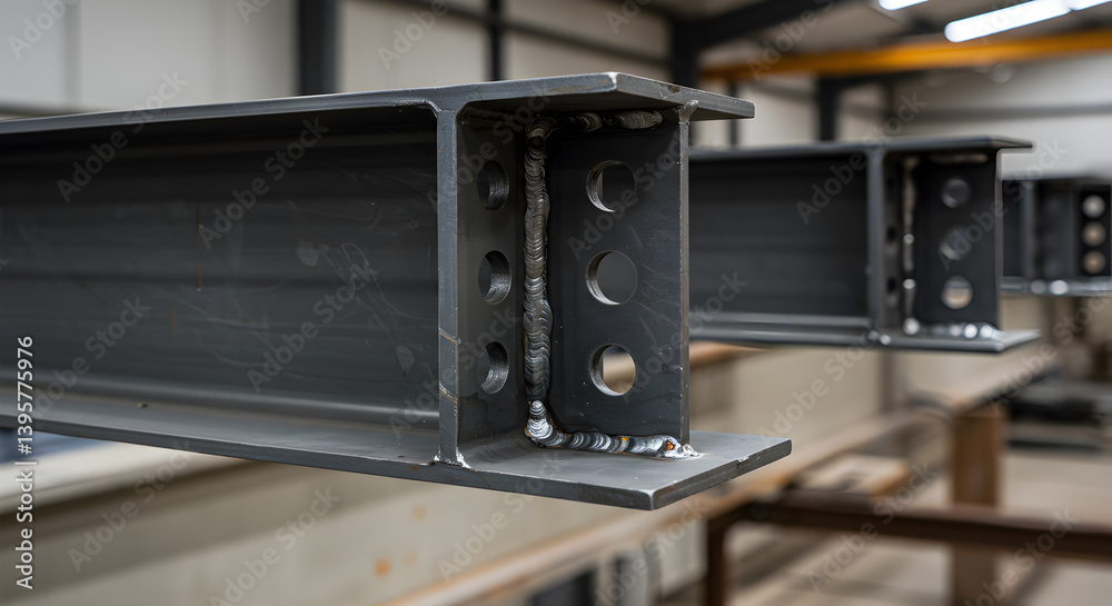 Fototapeta premium Steel Beam Structural Elements With Welding Joints in Industrial Setting
