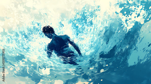 Water wave wiped out man down in depth, drowning woman , psychology, negative feeling and mind conscious concept, generative ai. Drowning Echoes. Illustration