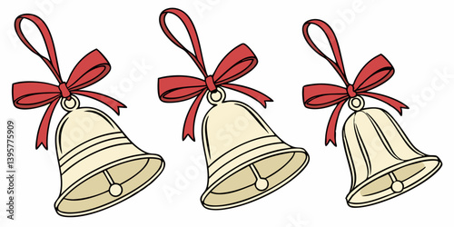 Cream Christmas Bells with Red Bows Cartoon Hanging Decorative Festive Holiday Graphic