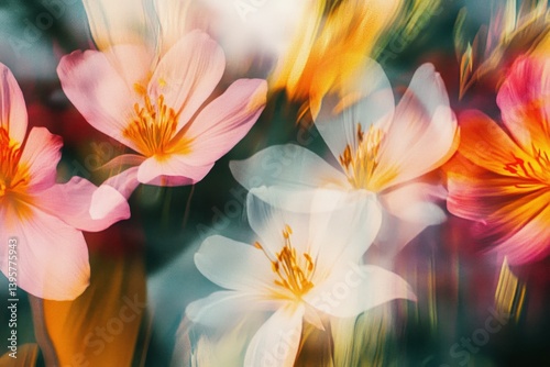 motion-blurred floral background with glowing light overlays, pastel color fades, and ethereal soft-focus retro photo effect, use as screen filter 