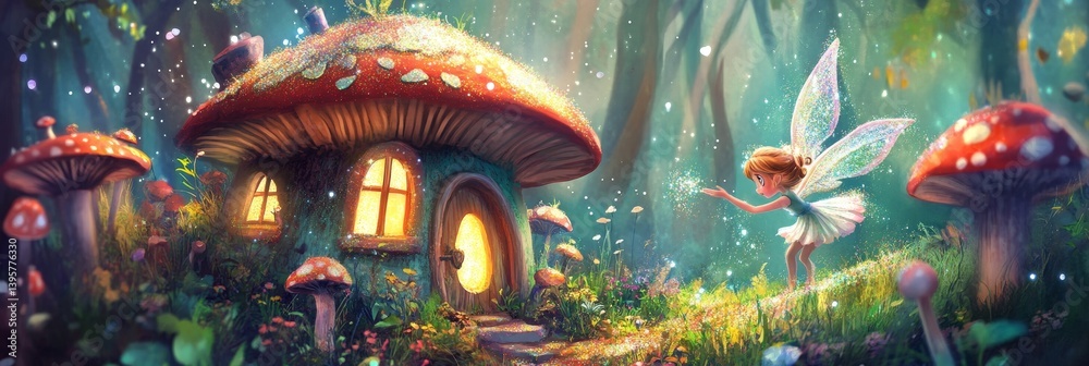 Mushroom house with glowing windows and a fairy in a whimsical forest.