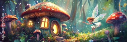 Obraz na płótnie Mushroom house with glowing windows and a fairy in a whimsical forest. w salonie