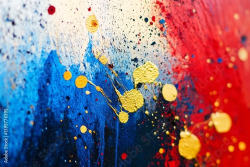 An abstract painting showcases a vibrant mix of red, blue, and gold splashes, creating a dynamic visual feast of texture and color.