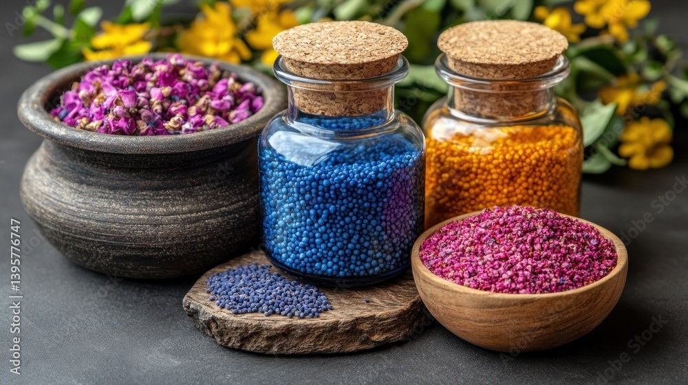 Colorful beads & dried flowers on dark surface Colorful beads & dried flowers on dark surface