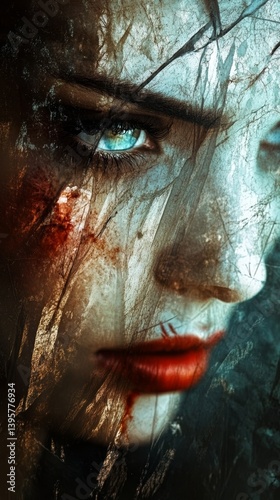 Obraz na płótnie Close up of a woman's face with scars and red lipstick. w salonie
