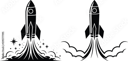 Rocket Launch Vector Icons, Spacecraft Silhouettes with Smoke and Stars