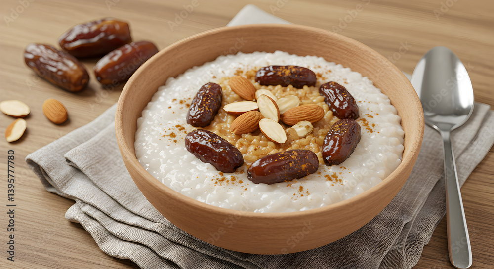 Bowl Of Warm Rice Porridge With Dates Almonds And Cinnamon Breakfast Meal