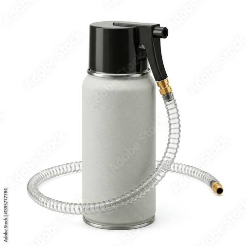 3D realistic render of small contstruction foam can. With black lid, black spray nozzle and transparent hose. Isolated on white background