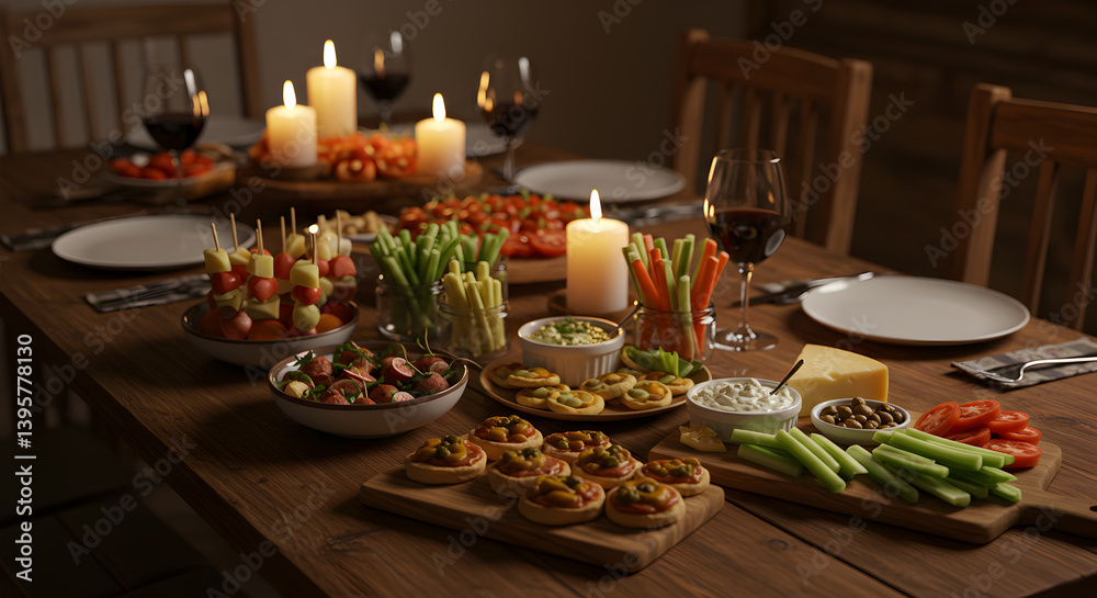 Elegant Dinner Party Table Setting with Appetizers and Candlelight Elegant Dinner Party Table Setting with Appetizers and Candlelight
