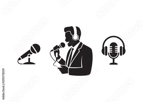 Businessperson Speaking into Microphone with Headphones and a Microphone