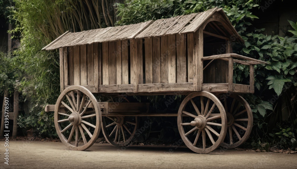 Obraz premium Rustic Wooden Wagon: A timeless scene of a rustic wooden wagon, evoking nostalgia, historical, with its aged texture and classic design set against a natural backdrop.