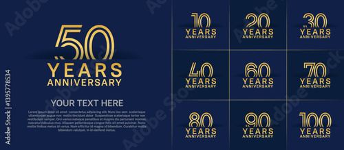 Anniversary logo set with double line number style. golden color can be use for special moment