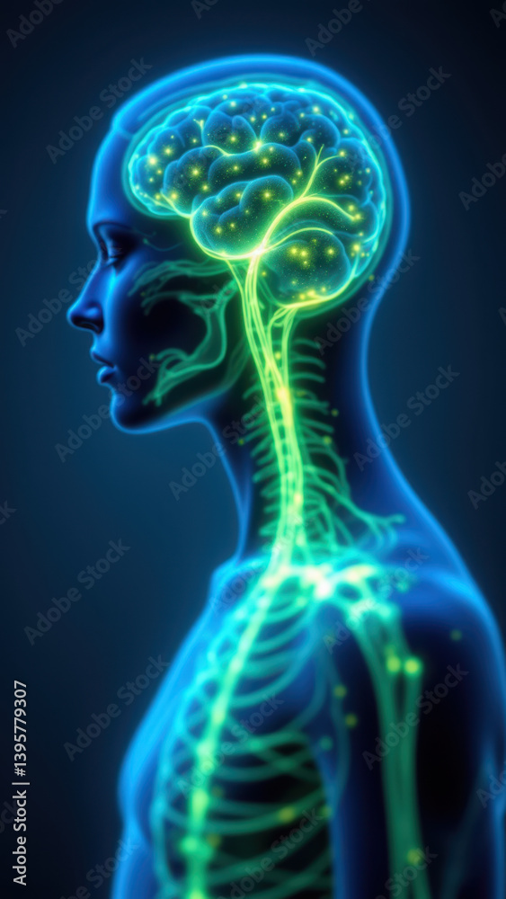 A 3D rendering of a human head with highlighted VNS, depicting vagus nerve stimulation. A 3D rendering of a human head with highlighted VNS, depicting vagus nerve stimulation.