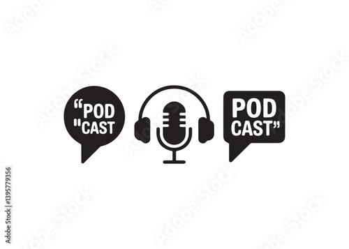 Podcast graphic with microphone and headphones.