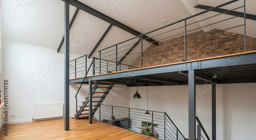 Modern Loft Interior with Steel Frame Mezzanine and Brick Wall Details