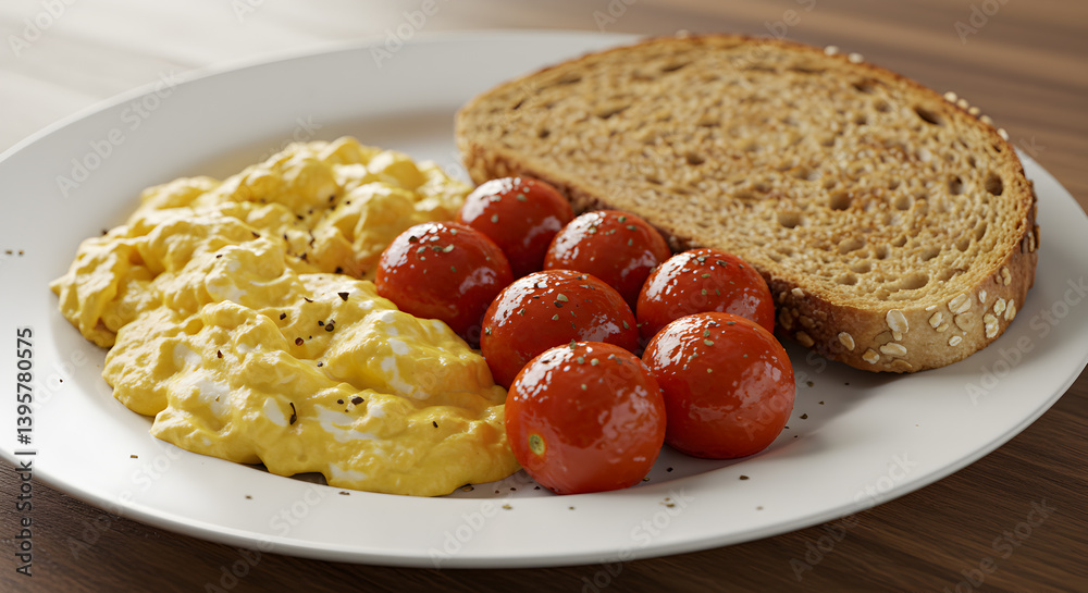 Healthy Breakfast Plate With Scrambled Eggs And Roasted Tomatoes Photo Healthy Breakfast Plate With Scrambled Eggs And Roasted Tomatoes Photo