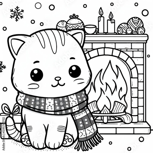 Coloring book Cozy Christmas cat by the fireplace Cute line art, perfect for coloring 