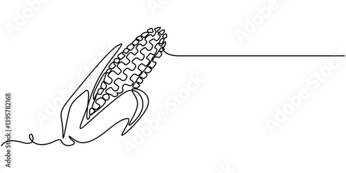 A single line drawing of a corn. Continuous line thanksgiving corn icon in color. One line icon. Vector illustration, Corn continuous one line drawing, single line art element, minimalist sketch line.
