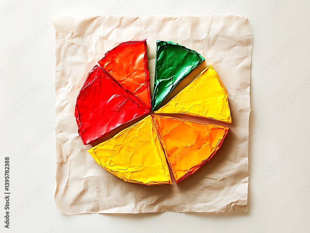 A vibrant pie chart, composed of textured slices of various colors, laid on a piece of brown paper.