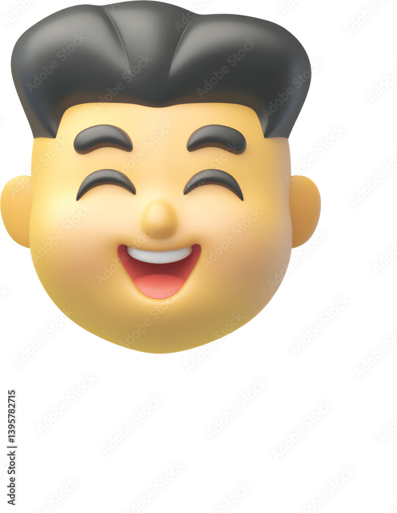 Cheerful 3D emoji with happy face design featuring a smiling expression and dark hair on a transparent background Cheerful 3D emoji with happy face design featuring a smiling expression and dark hair on a transparent background