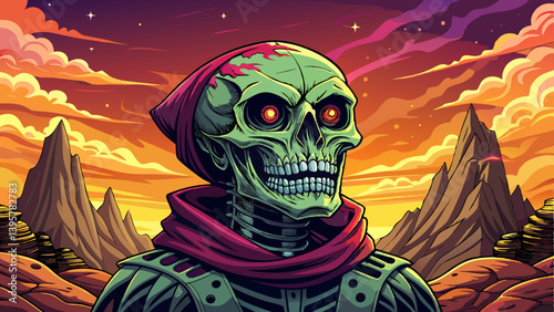 scary skull character portrait on mysterious land under a strange colored sky, halloween banner