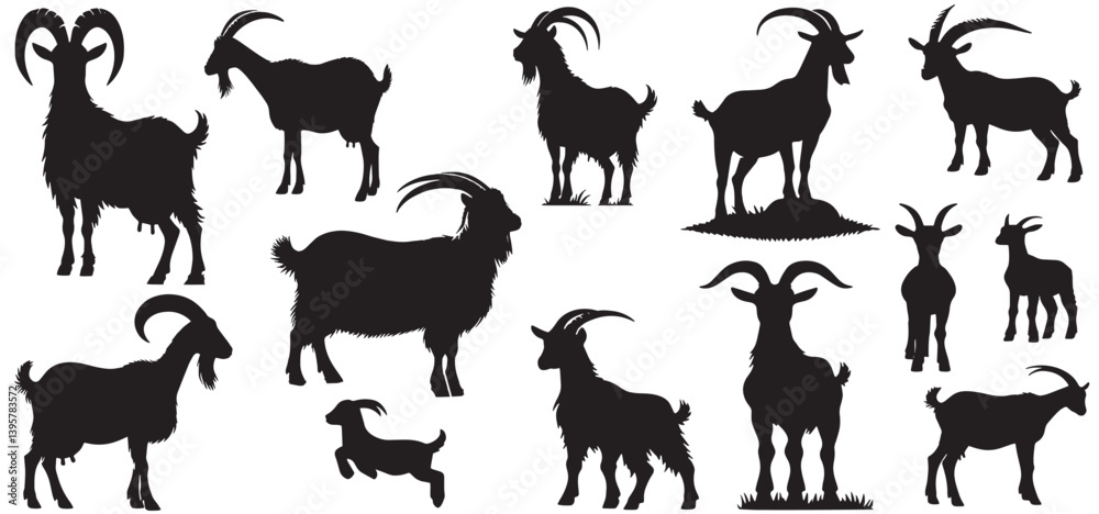 Naklejka premium Collection Of Goat Silhouettes black isolated on white background, Set of silhouettes of goats on a white background. Vector illustration, Goat silhouette