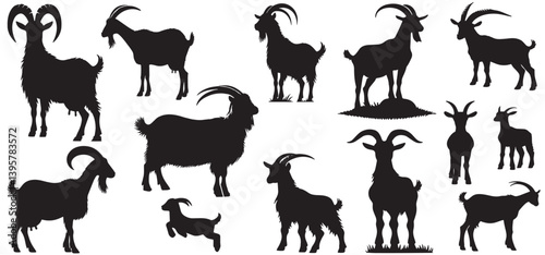 Collection Of Goat Silhouettes black isolated on white background, Set of silhouettes of goats on a white background. Vector illustration, Goat silhouette