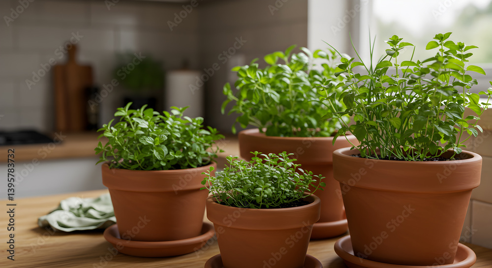 Kitchen Herb Garden in Terracotta Pots Bathed in Soft Daylight Kitchen Herb Garden in Terracotta Pots Bathed in Soft Daylight