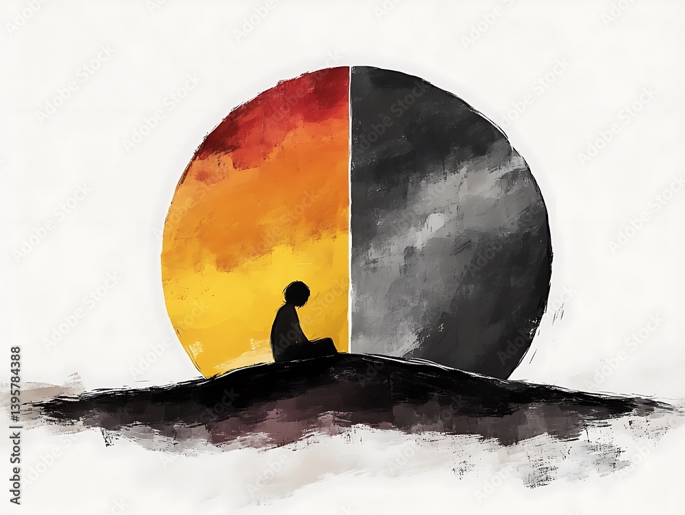 A solitary figure sits on a hill, bathed in contrasting hues of sunrise and shadow.