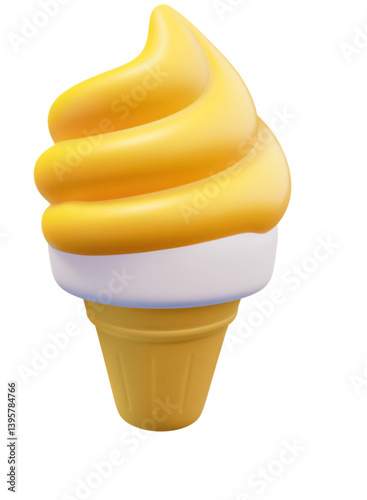Realistic 3D rendering of a delicious yellow ice cream cone with swirled topping and a classic wafer cone base