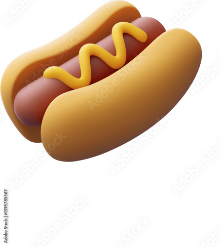 Colorful 3D hot dog icon with mustard detail on a transparent background for digital use