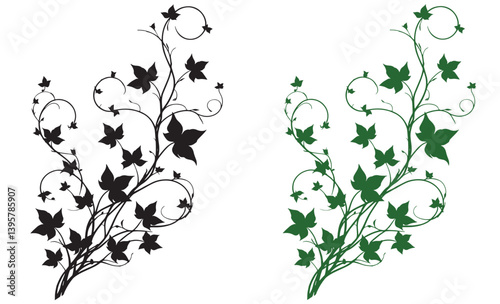 Set of green and black Branches. Black silhouettes of tree branches isolated on white background, Ivy Leaf Vector
