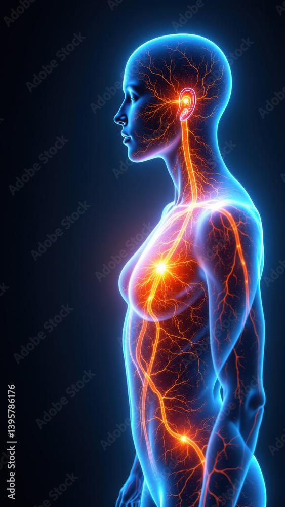 A 3D rendering of a person's head and torso with the vns system highlighted. A 3D rendering of a person's head and torso with the vns system highlighted.