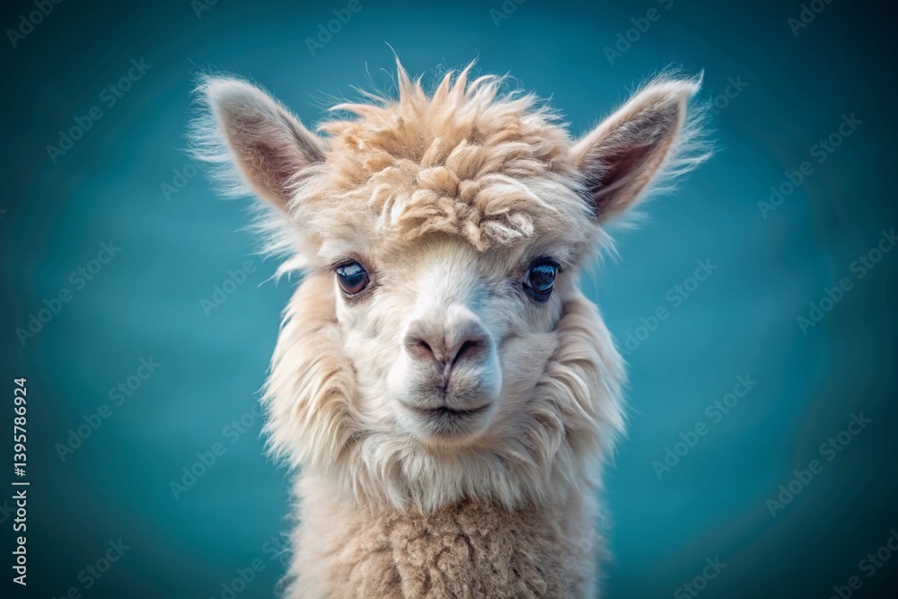 Fototapeta premium Fluffy Alpaca Portrait: Gentle Gaze Against Powder Blue Sky